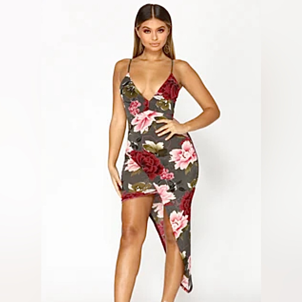 Fashion Nova Gray and Pink Floral High Low Dress